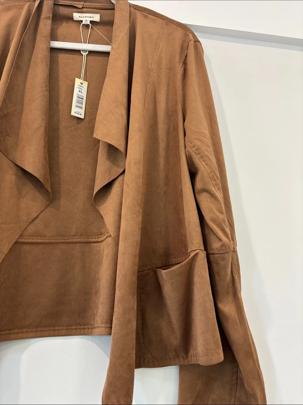 Max studio Open-Front Suede-Look Jacket in Cognac - Picture 3 of 5